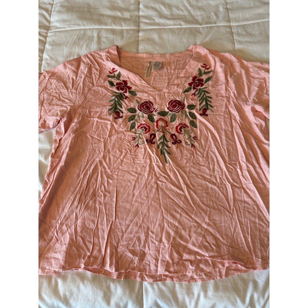 Forgotten Grace Pink Floral Embroidered V-Neck Rayon Top 1X SC14X